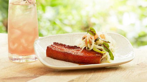 Confit pork belly, aromatic honey glaze with citrus and fennel salad. Image: Bombay Sapphire Gin