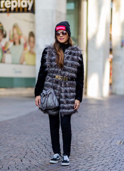 <p>Shirley Anne Bautista teams elegant faux fur with old-school sneakers and a skater hat.</p>
<p>Image: Getty.</p>