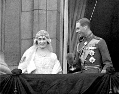 Lady Elizabeth Bowes-Lyon (later to be Queen Elizabeth, the Queen Mother) and Prince Albert, Duke of York (later to be King George VI) on the balcony of Buckingham Palace after their wedding ceremony.