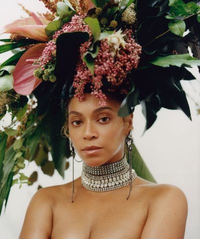 <p>Beyonc&eacute; wears a floral headdress by Phil John Perry for Rebel Rebel, Erickson Beamon earrings and Lynn Ban necklaces <em>US Vogue </em>September 2018</p>
<p>&nbsp;</p>