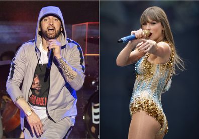 Eminem performs at the Bonnaroo Music and Arts Festival on June 9, 2018, left, and Taylor Swift performs at Wembley Stadium in London as part of her Eras Tour on June 21, 2024.