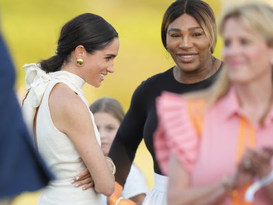 Meghan Markle, the Duchess of Sussex, with Serena Williams and other guests at the 2024 Royal Salute Polo Challenge to Benefit Sentebale, Friday, April 12, 2024, in Wellington, Florida