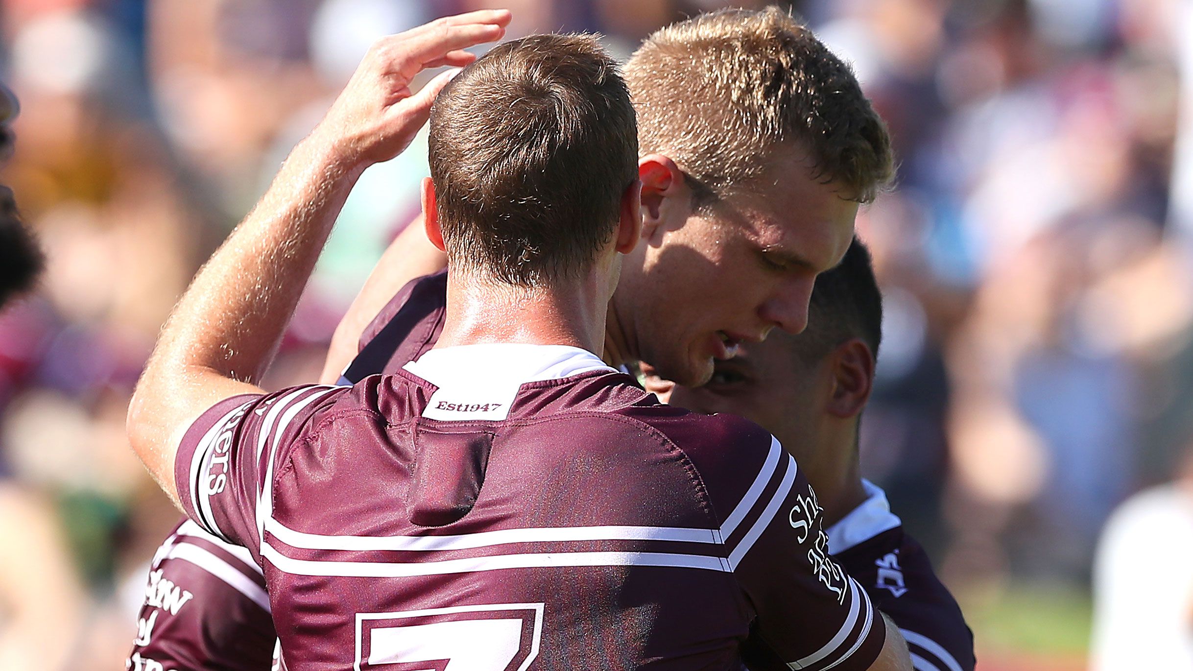 Tom Trbojevic and Daly Cherry-Evans of the Manly Sea Eagles.