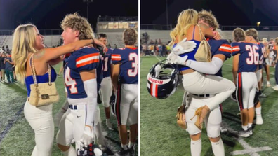 US mum hugs teen son at football game sparks debate too much affection or not age appropriate.