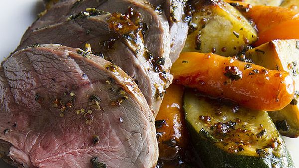 Sage roast lamb and vegetables with honey mustard dressing