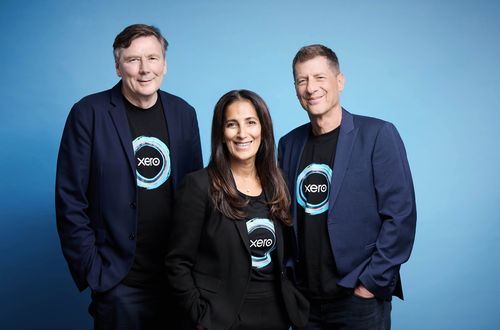 Xero chairman David Thodey, incoming CEO Sukhinder Singh Cassidy and outgoing leader Steve Vamos.