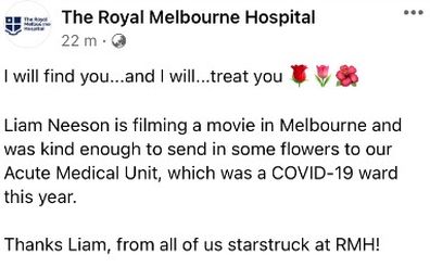 Liam Neeson sends staff at The Royal Melbourne Hospital flowers for their tireless work amid the pandemic.