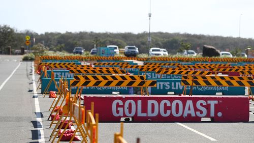 Barricades are set up at the Spit car park on April 08, 2020 in Gold Coast, Australia. The countdown is on for the border to finally reopen.