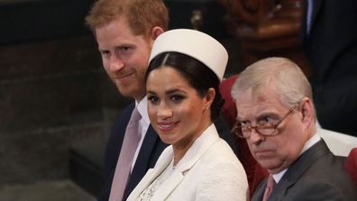 Prince Harry (left), Meghan, Duchess of Sussex (centre) and Prince Andrew, right, during the Commonwealth Service at Westminster Abbey in London, Monday, March 11, 2019.