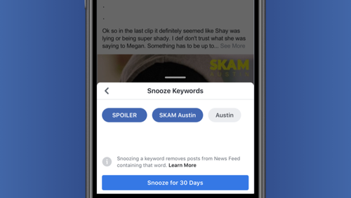 Facebook has introduced keyword snooze to allow users to block stories from their news feed. Picture: Facebook