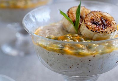 Warm rice pudding with passionfruit