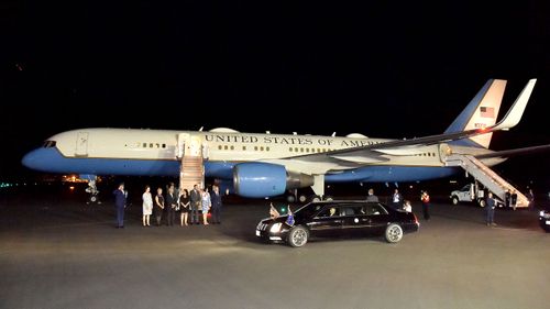 Air Force Two is seen on the tarmac in Cairns as United States Vice President Mike Pence and his wife Karen arrive in Queensland.