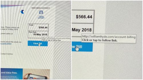 The 'view bill' button looks innocent enough... but with a hover of a mouse a malware link is revealed. (Supplied)