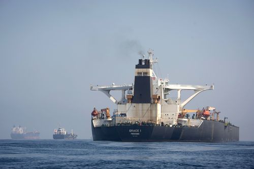 A supertanker anchored off the British territory of Gibraltar.