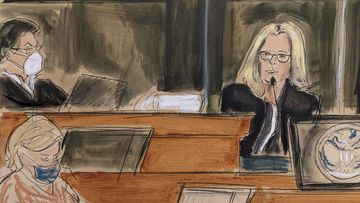 In this courtroom sketch Eva Andersson Dubin, right, testifies as Judge Alison Nathan, left, listens on the bench during the Ghislaine Maxwell&#x27;s sex trafficking trial, Friday, Dec. 17, 2021, in New York. 