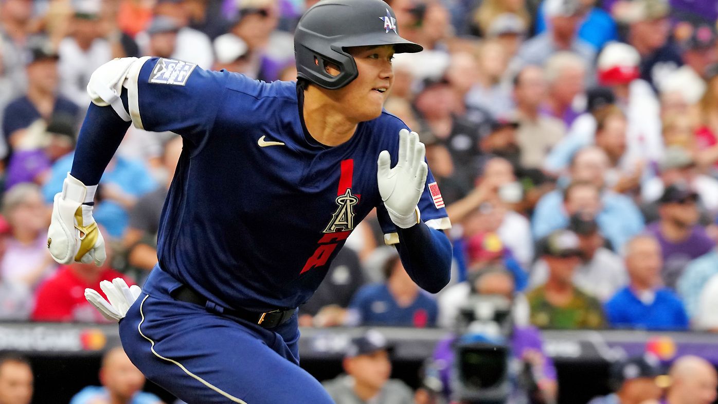 Shohei Ohtani #17 of the Los Angeles Angels runs to first base during the 91st MLB All-Star Game 