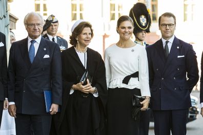 Queen Silvia with her family Carl XVI Gustaf Princess Victoria, and Prince Daniel of Sweden in 2018.