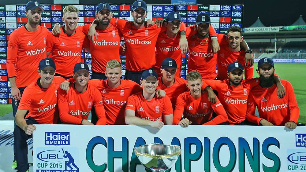 England celebrate the 3-0 T20 series win over Pakistan. (AAP)