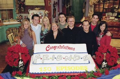 The Friends cast with executive producers Marta Kauffman, Kevin S. Bright and David Crane.