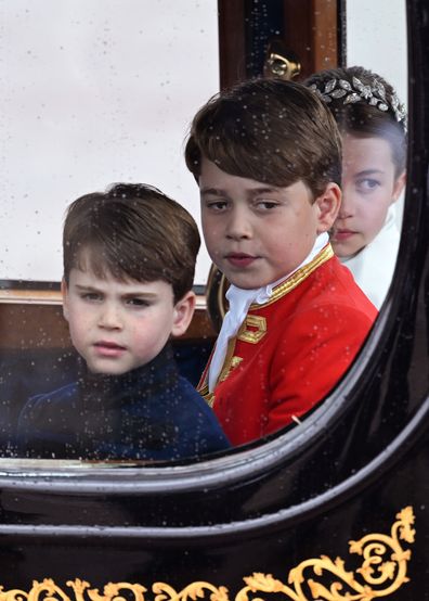 LONDON, ENGLAND - MAY 06: (L-R) Prince Louis of Wales, Prince George of Wales and Princess Charlotte of Wales depart the Coronation service of King Charles III and Queen Camilla on May 06, 2023 in London, England. The Coronation of Charles III and his wife, Camilla, as King and Queen of the United Kingdom of Great Britain and Northern Ireland, and the other Commonwealth realms takes place at Westminster Abbey today. Charles acceded to the throne on 8 September 2022, upon the death of his mother,