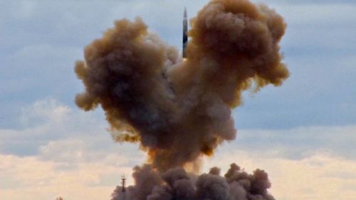 The Russian-built the Avangard hypersonic vehicle blasts off during a test launch at an undisclosed location in Russia. (AP).