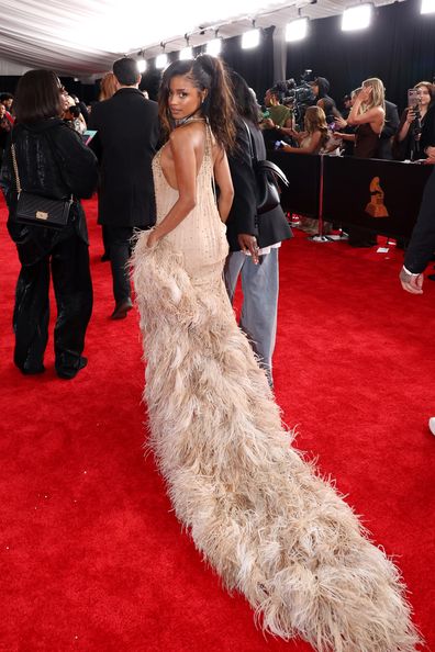 strapless open back dress Vanessa Hudgens Black 2025 Vanity Fair Party Feather Prom Dress  Celebrity  Glamz
