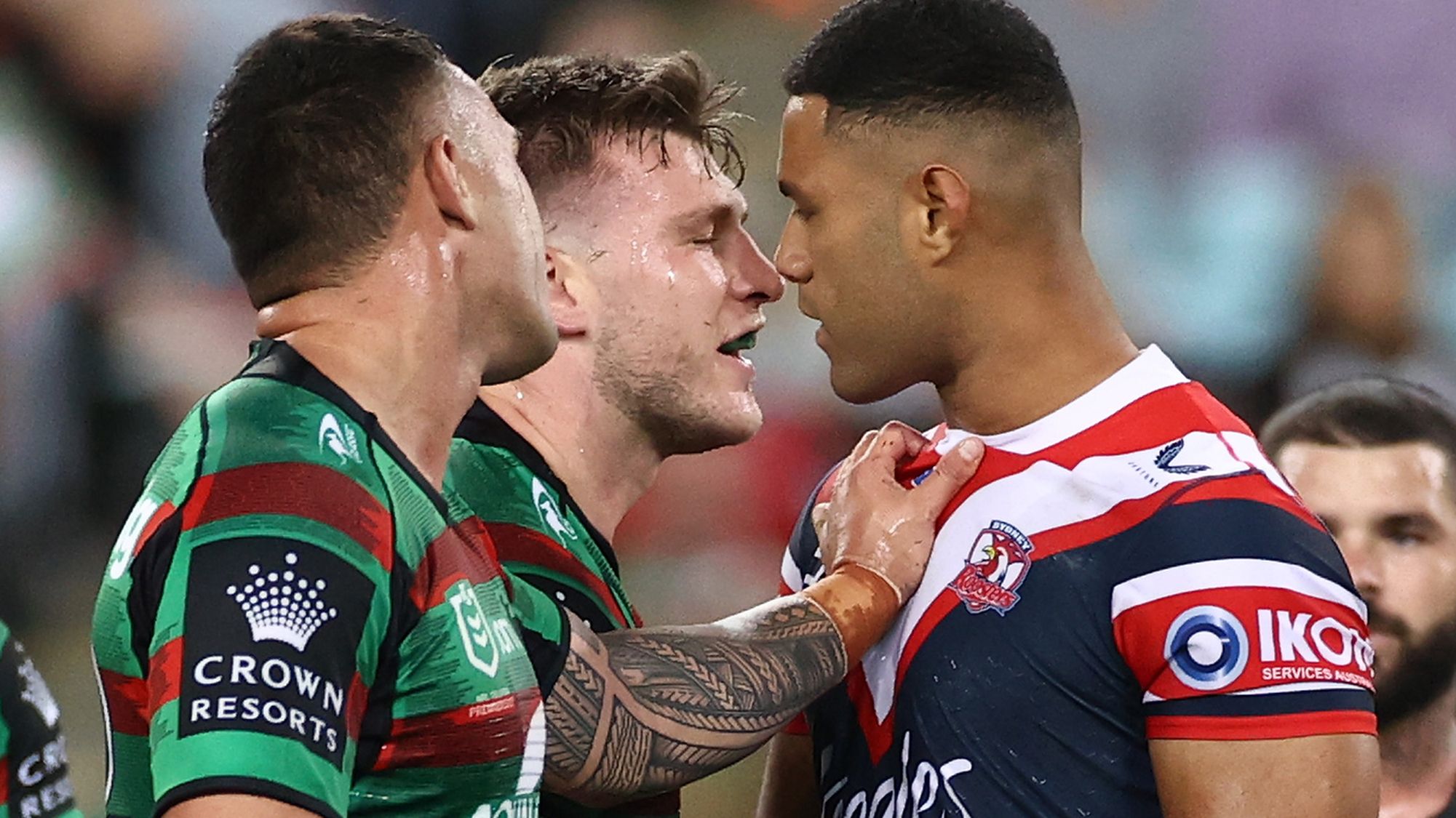Daniel Suluka-Fifita goes toe to toe with Rabbitohs players, who will now be his teammates after switching clubs.