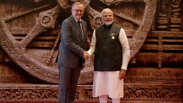 Prime Minister Narendra Modi of India welcomes the Prime Minister of Australia Anthony Albanese to  the G20 Leaders&#x27; Summit on September 9, 2023 in New Delhi, Delhi.