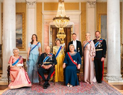 L-R: Norway's Princess Astrid, Princess Ingrid Alexandra, King Harald, Queen Sonja, Iceland's President Iceland's president Halla Tómasdóttir, and her husband, Björn Skúlason, Crown Princess Mette-Marit and Crown Prince Haakon of Norway, at a state banquet in the Royal Palace, Tuesday April 8 2025.