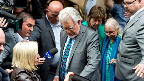 Rolf Harris leaves court after being found guilty of 12 indecent assault charges at Southwark Crown Court, London. (Getty)