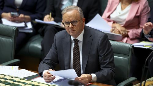 O primeiro-ministro Anthony Albanese durante o período de perguntas na Câmara dos Representantes no Parlamento em Canberra em 9 de outubro de 2025.