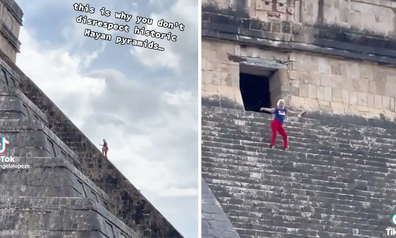 A woman had water and bottles thrown at her after she climbed and danced on a Mayan pyramid in Mexico.
