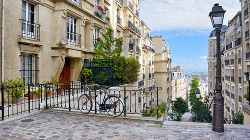 Beautiful buildings facades Montmartre district of Paris, France