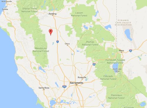 Rancho Tehama, indicated by the red marker, is located in northern California. (Google)
