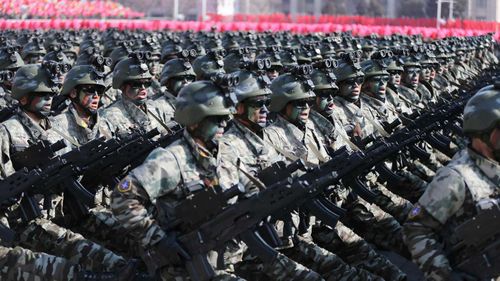 North Korean soldiers march during a military parade to mark the 70th anniversary of the founding of its military in Pyongyang, North Korea.