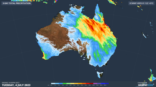 Accumulating precipitation to 10pm AEST Tuesday 4 July, 2023.