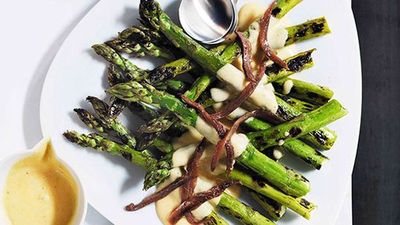 Recipe: <a href="http://kitchen.nine.com.au/2016/05/16/14/32/grilled-asparagus-with-parmesan-cream-and-anchovies" target="_top">Grilled asparagus with parmesan cream and anchovies</a>