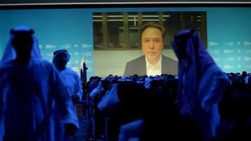 Elon Musk talks virtually to UAE Minister of Cabinet Affairs Mohammad Al Gergawi during the World Government Summit in Dubai, United Arab Emirates, Wednesday, Feb 15, 2023.