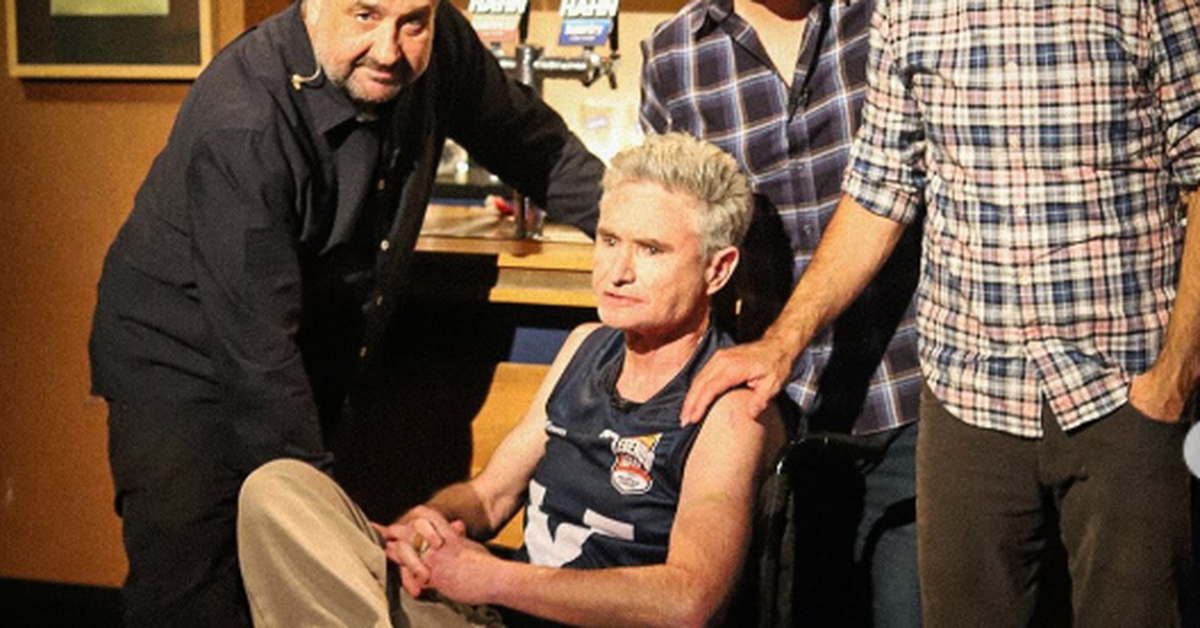 Dave Hughes makes first public appearance after charity AFL match landed him in ICU