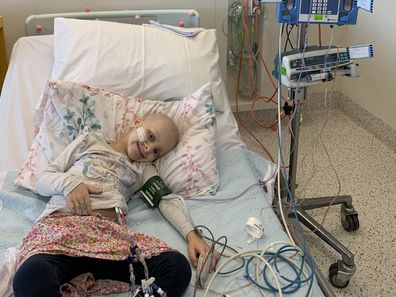 Lucy Veliades in hospital during cancer treatment.