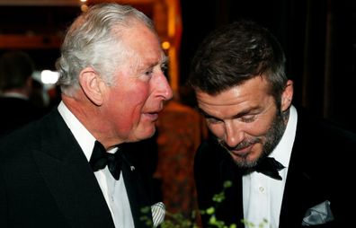 LONDON, ENGLAND - APRIL 04: (L-R) Prince Charles, Prince of Wales speaks with David Beckham prior to the "Our Planet" global premiereat Natural History Museum on April 4, 2019 in London, England. (Photo by John Sibley - WPA Pool/Getty Images)