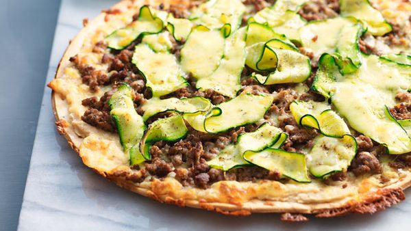 Beef, white bean and zucchini pizza