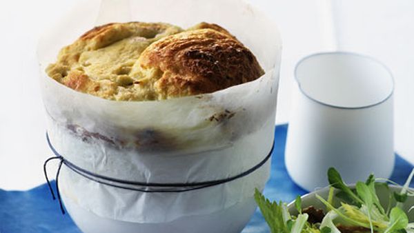 Blue cheese souffle with walnut and celery salad