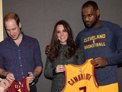 Prince William, Duke of Cambridge and Catherine, Duchess of Cambridge meet LeBron James (R) as they attend the Cleveland Cavaliers vs. Brooklyn Nets game