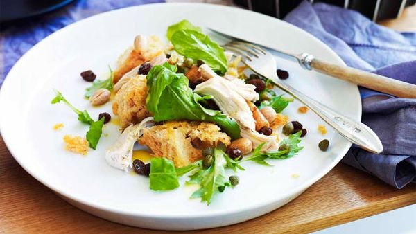 Chicken salad with sourdough croutons, raisins, almonds & capers