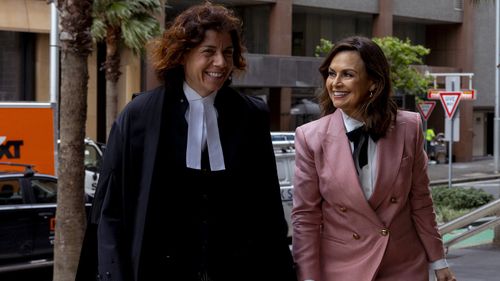Lisa Wilkinson (right) arrives at the Federal Court in Sydney with barrister Sue Chrysanthou SC.