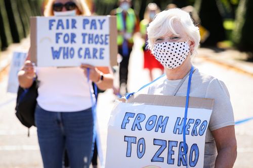  Nurses and other frontline NHS workers stage a protest Glasgow Green after being left out of a public sector pay rise on August 08, 2020 in Glasgow, United Kingdom