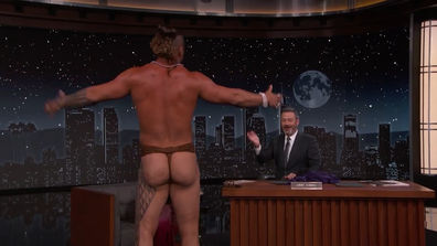 Jason Momoa strips down to traditional Hawaiian Malo on Jimmy Kimmel Live.