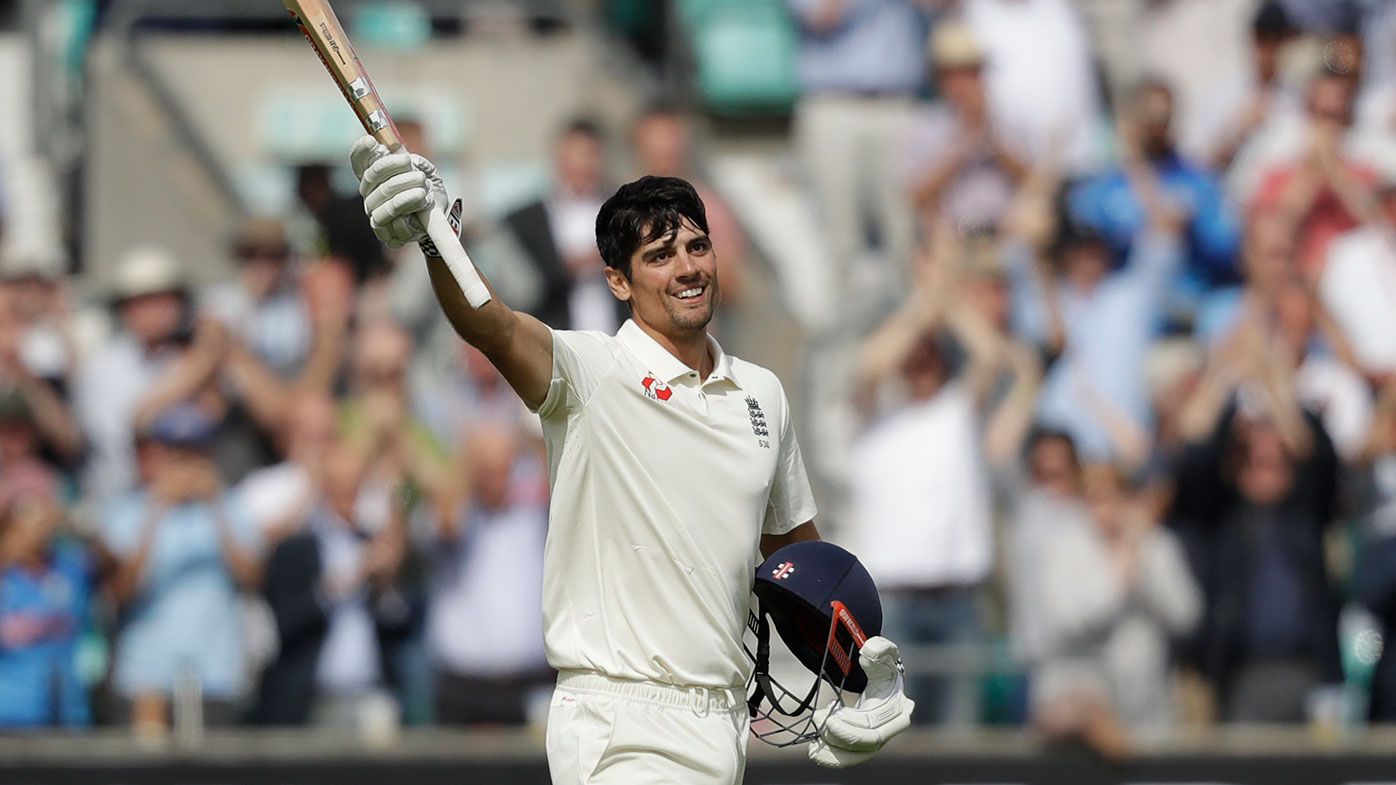 Alastair Cook celebrates after making a hundred in his final Test innings