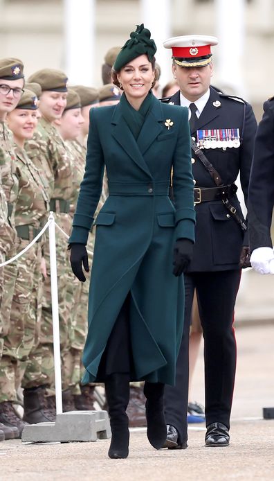 LONDON, ENGLAND - MARCH 17: Catherine, Princess of Wales smiles during the 2025 Irish Guards' St. Patrick's Day Parade at Wellington Barracks on March 17, 2025 in London, England. Catherine, Princess of Wales attends the parade as Colonel of the Regiment. (Photo by Chris Jackson/Getty Images)
